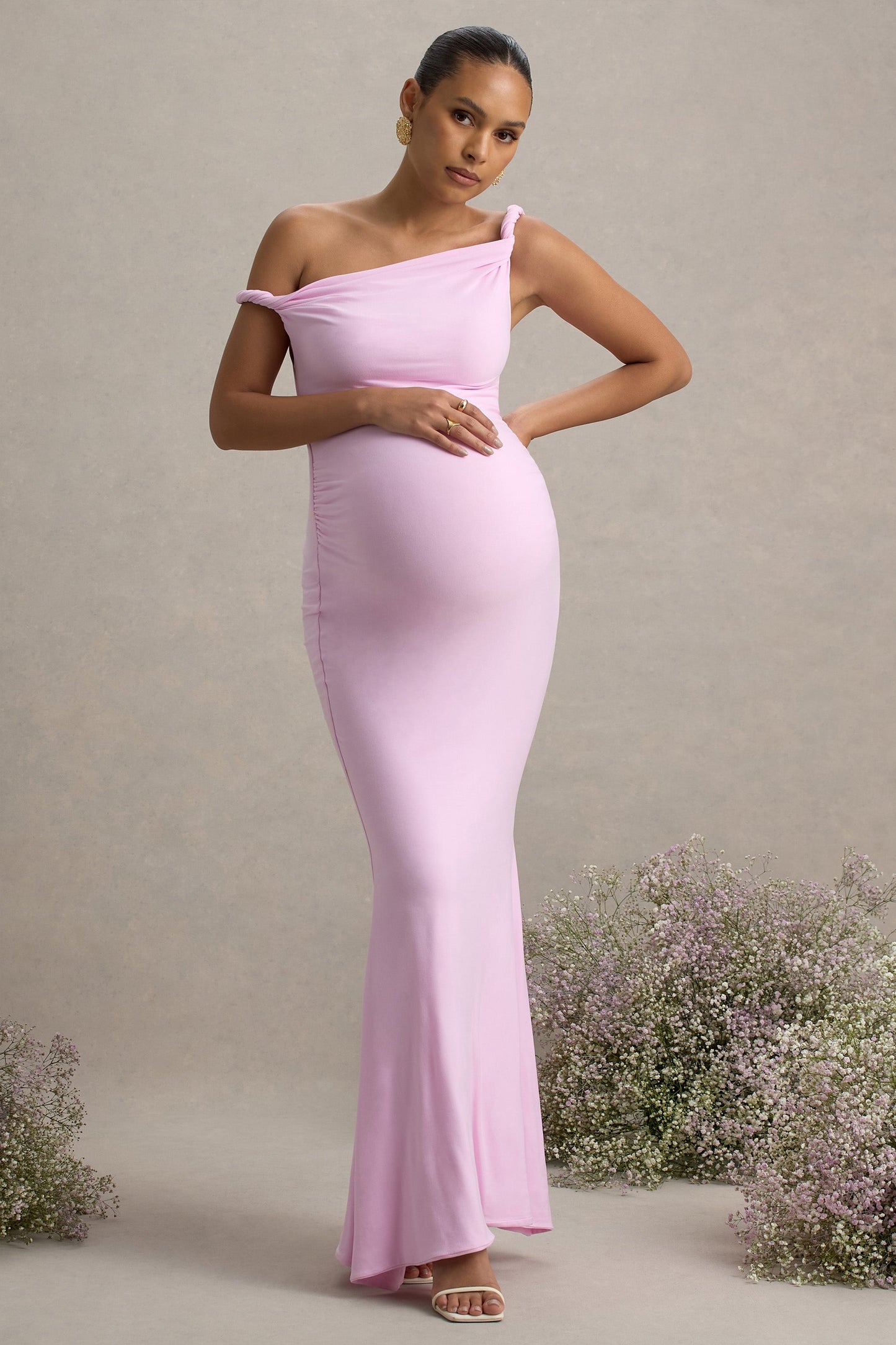 Lita | Pink Twisted Asymmetric Maternity Maxi Dress