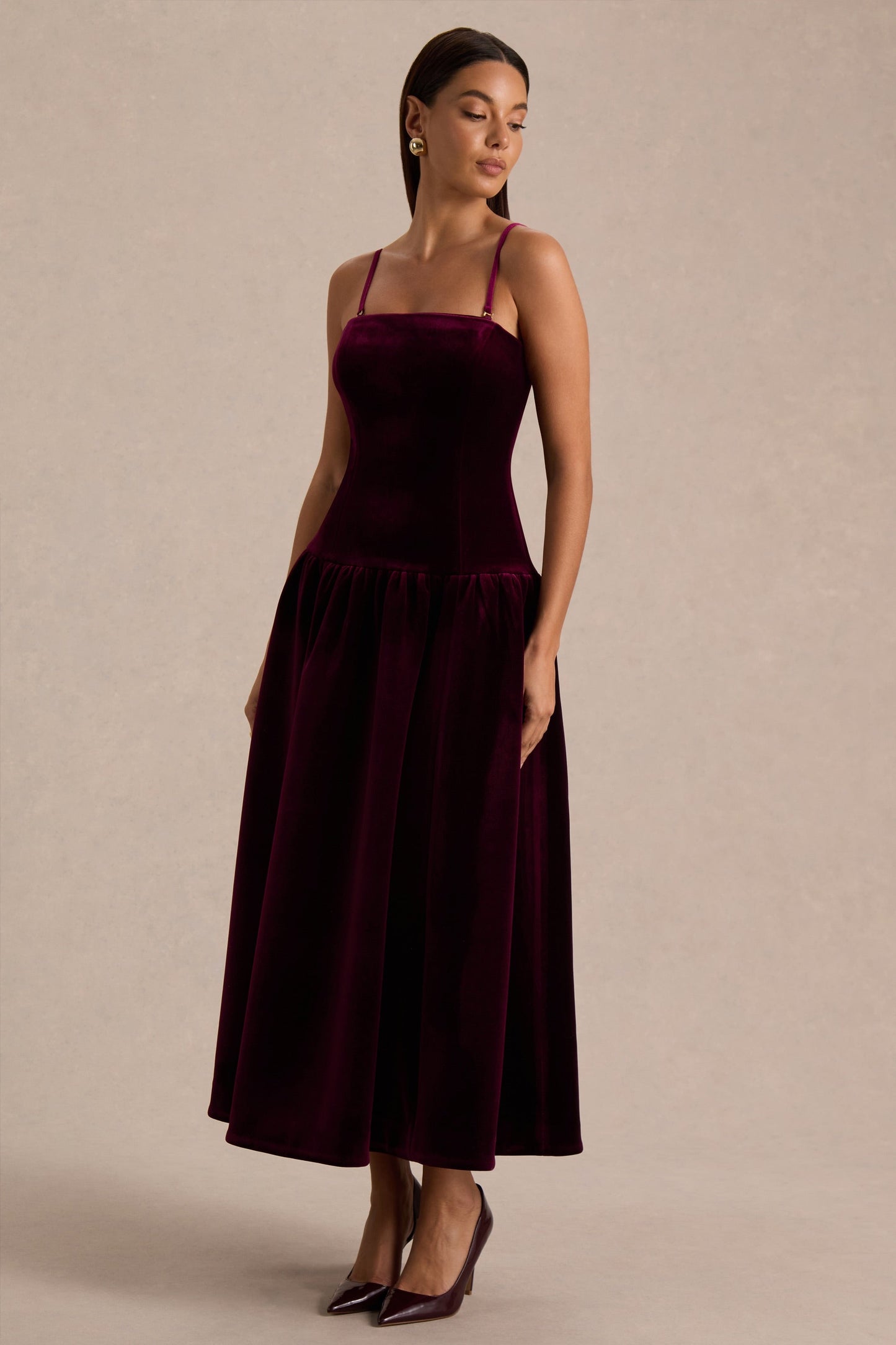 Violetta | Burgundy Velvet Bandeau Midi Dress With Drop-Waist And Gathered Skirt