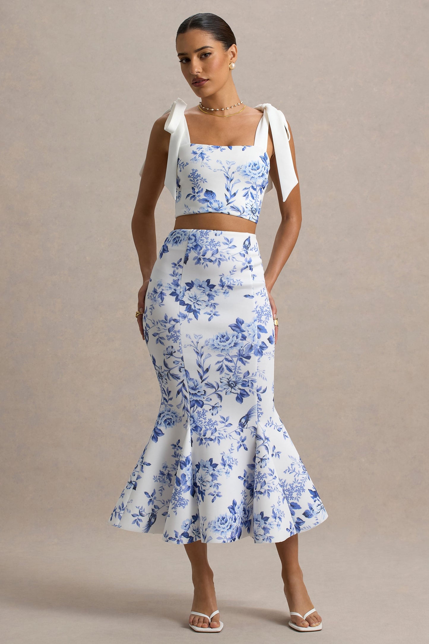 Amadea | Blue Porcelain Print Fishtail Midi Skirt