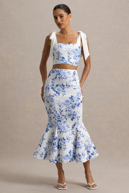 Amadea | Blue Porcelain Print Fishtail Midi Skirt