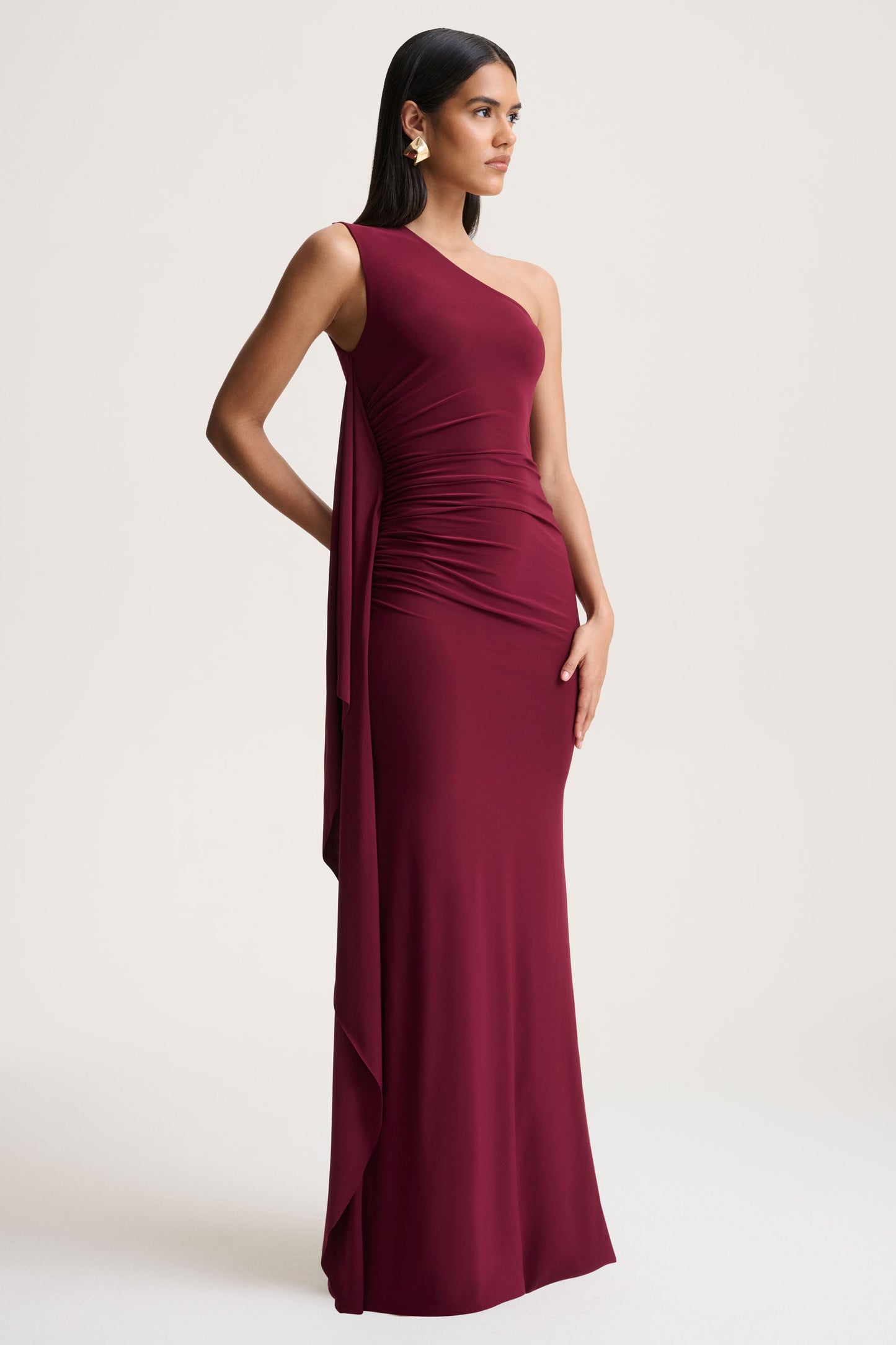 Adelina | Burgundy One-Shoulder Maxi Dress With Drape