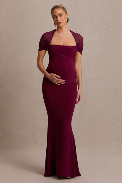 Dome | Burgundy Square-Neck Mesh-Sleeve Maternity Maxi Dress