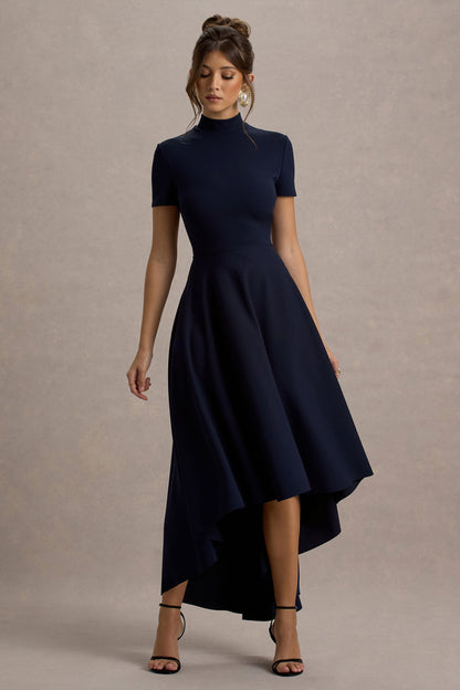 Bellona | Navy High-Neck High-Low Midi Dress
