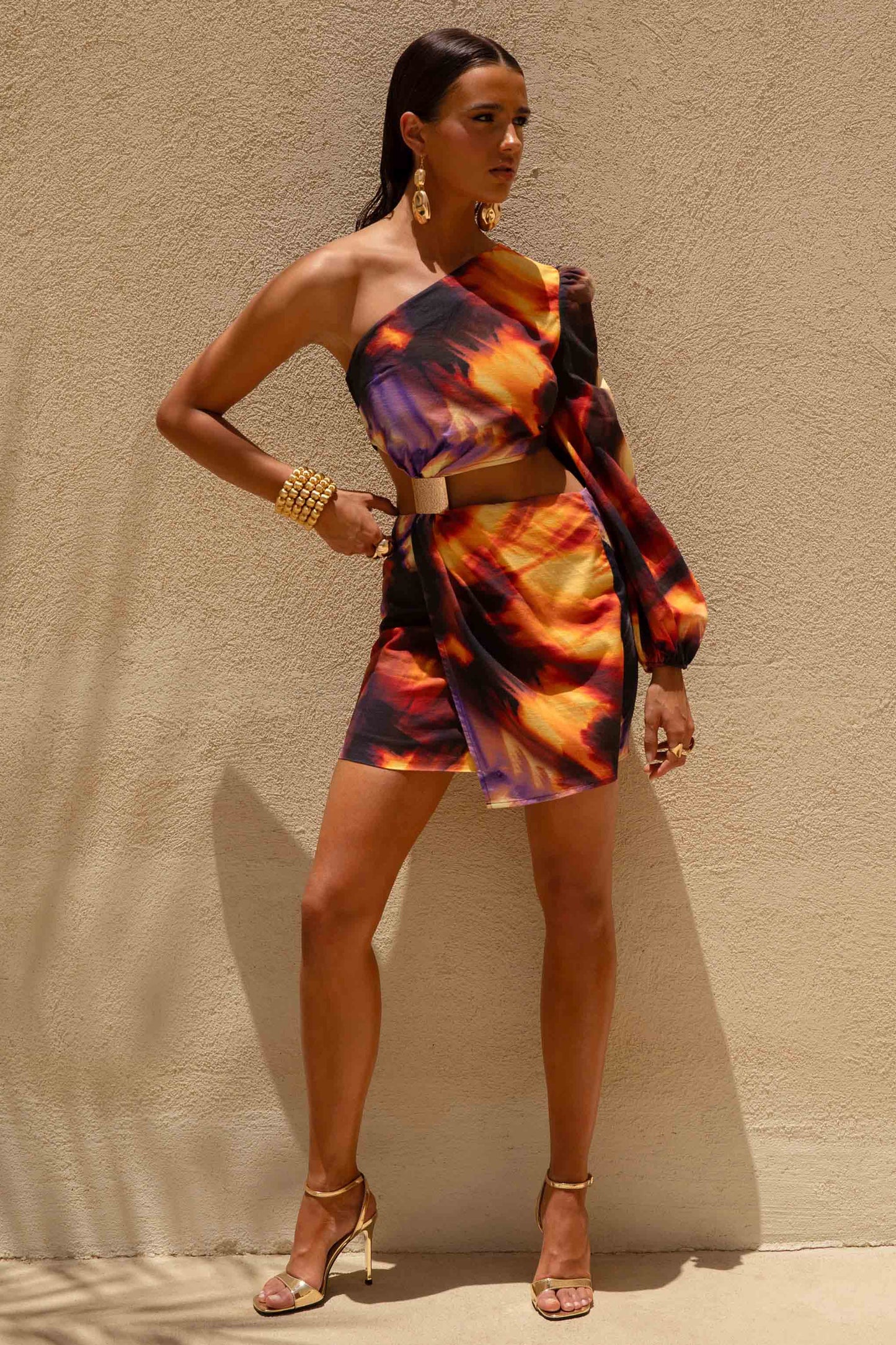 Zen | Smoke Print Linen Asymmetric Mini Dress With Cut-Out Detail