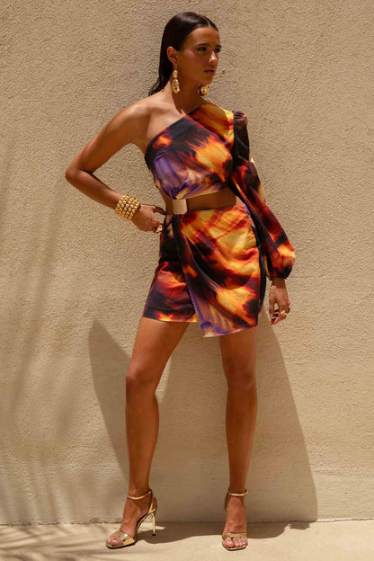 Zen | Smoke Print Linen Asymmetric Mini Dress With Cut-Out Detail