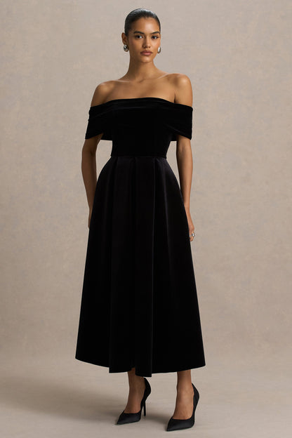 Ablaze | Black Velvet Bardot-Neck Midi Dress