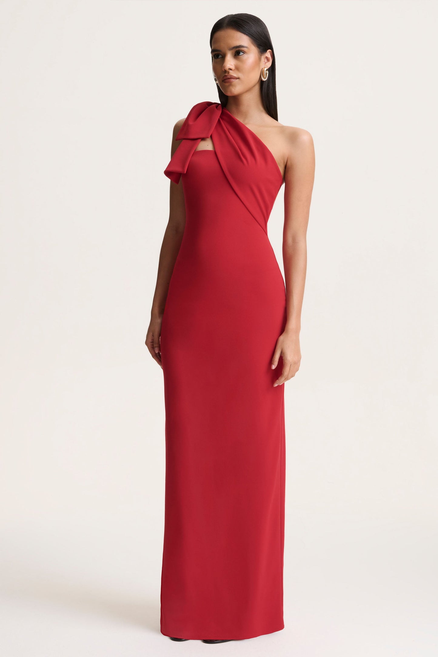 Adara | Red Asymmetric-Neck Maxi Dress With Bow-Detail