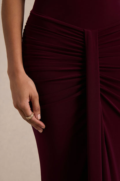 Mallie | Burgundy Cowl-Neck Maxi Dress With Open-Back And Gathered-Detailing