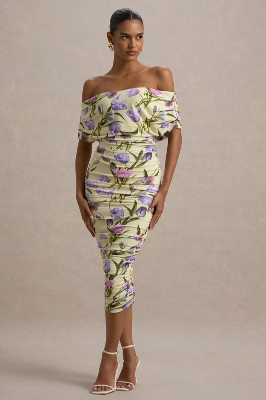 Rayleigh | Tulip Floral Print  Bardot Ruched Midi Dress