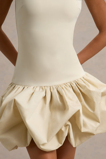 Tamie | Stone Boat-Neck Ruffled Mini Dress