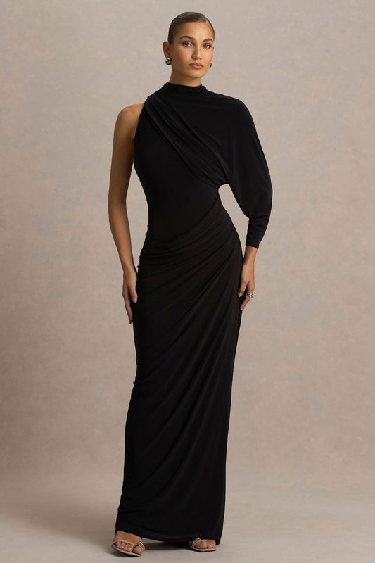 Aphra | Black High-Neck Maxi Dress With Cape-Sleeve