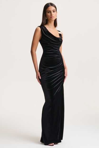 Jovita | Black Velvet Cowl-Neck Maxi Dress With Gathered-Detailing