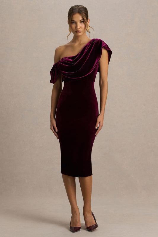High End | Burgundy Velvet Asymmetric-Neck Midi Dress With Draped Detailing