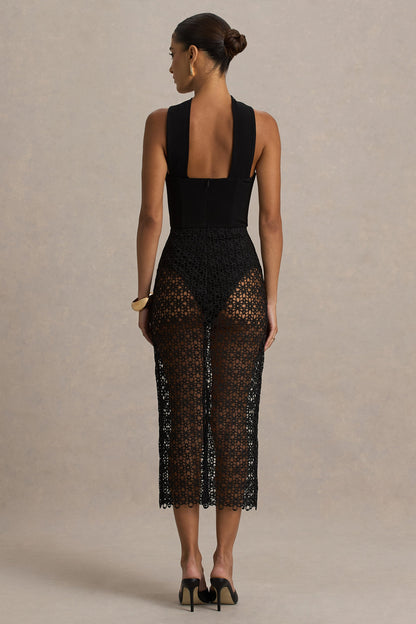 Tamala | Black High-Neck Midi Dress With Lace Skirt