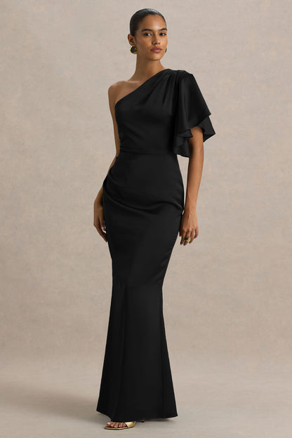 Unforgettable | Black Asymmetric-Neck Maxi Dress With Ruffled Detailing