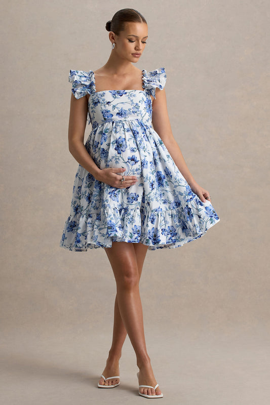 Dolly Daze | Blue Floral Print Ruffle Sleeve Babydoll Maternity Mini Dress