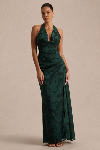 Talula | Dark Green Extreme Cowl-Neck Maxi Dress With Sash And Front-High Split