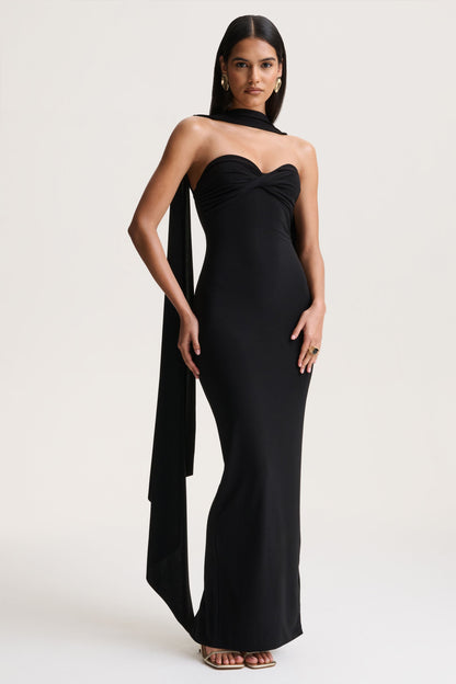 Sheila | Black Bandeau Maxi Dress With Scarf Detail