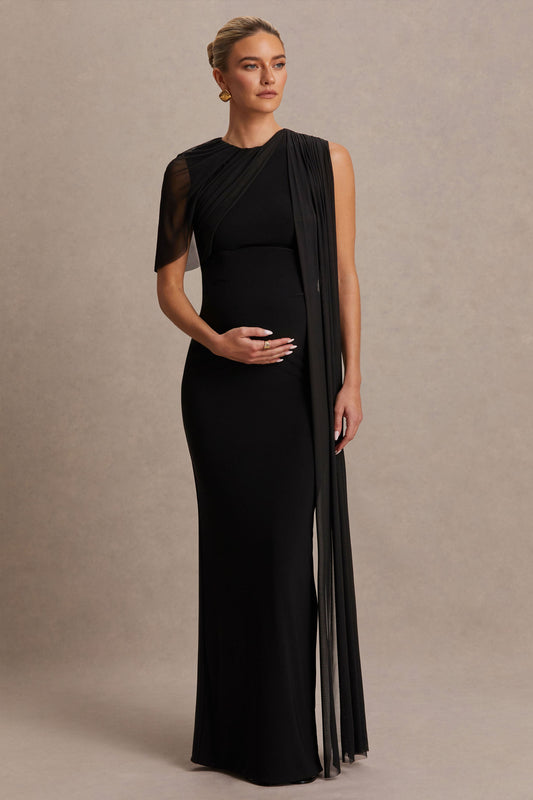 Amelise | Black High-Neck Maternity Maxi Dress With Mesh-Cape Sleeve And Sash Detail
