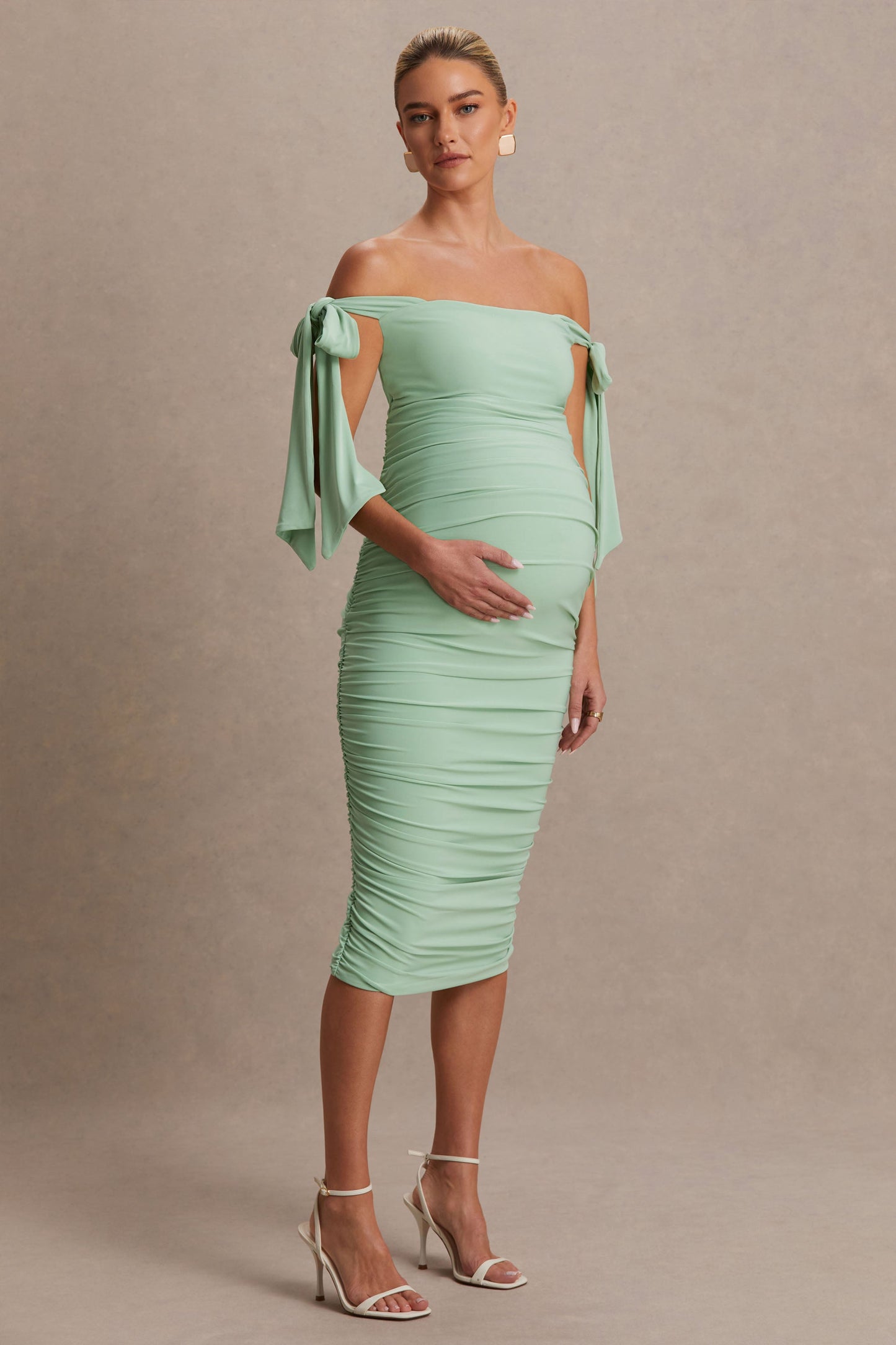 Chandelier | Light Green Bardot Maternity Midi Dress With Bow Details
