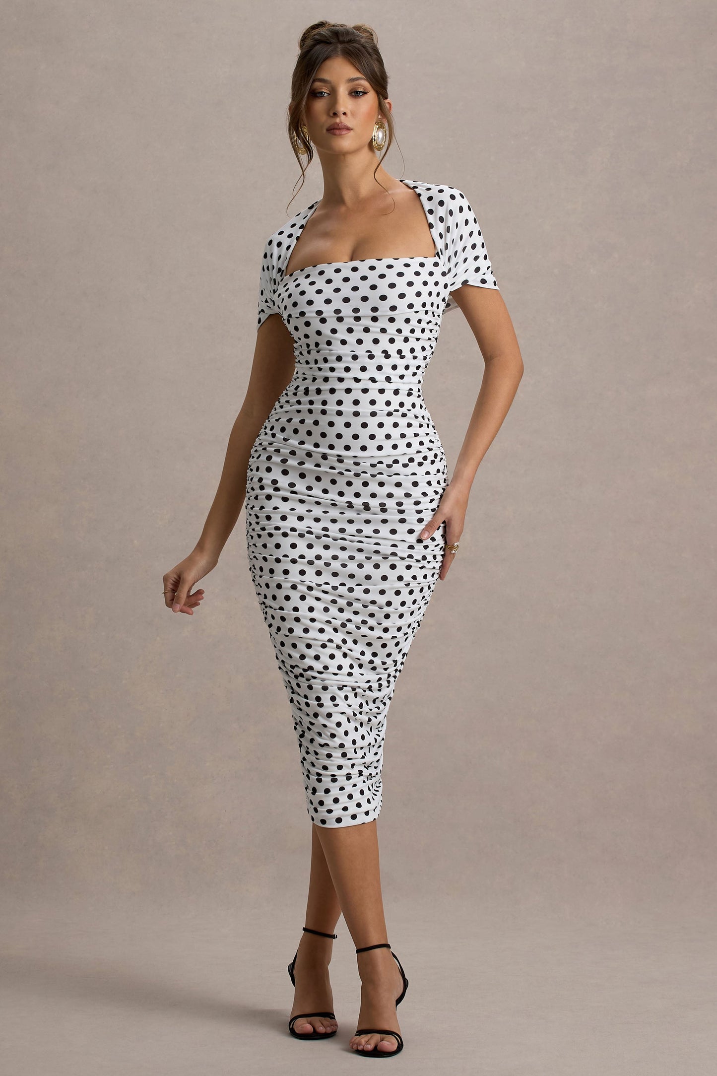 Paxos | White Polka Dot Ruched Short-Sleeve Midi Dress