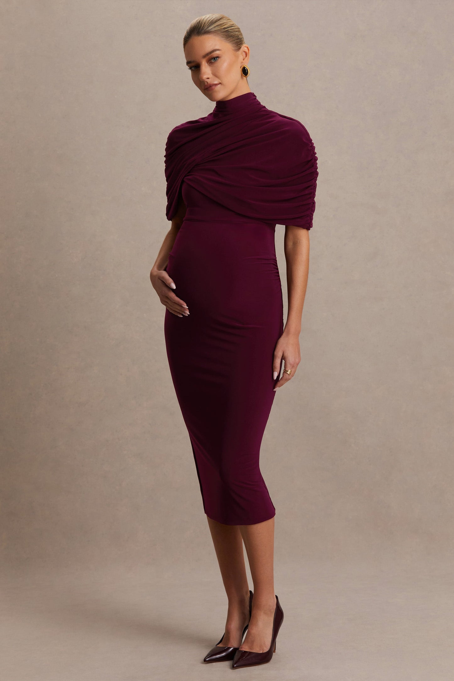 Augustina | Burgundy Maternity Midi Dress With Cape