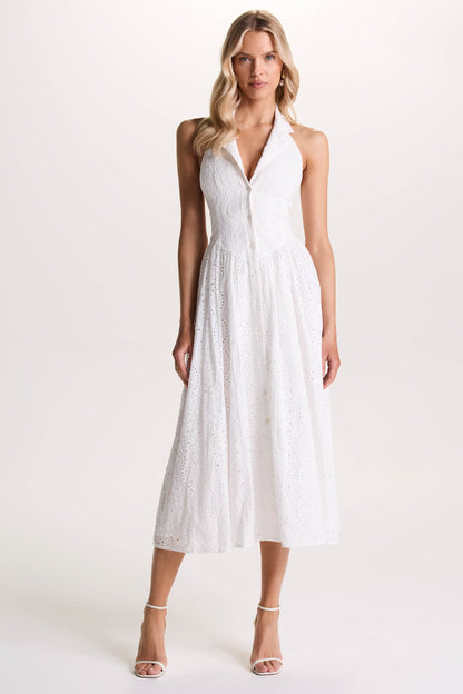 Jezebel | White Lace Plunge-Neck Collared Midi Dress