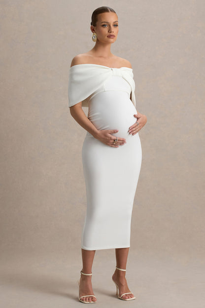Droplet | White Bow Bardot Maternity Midi Dress