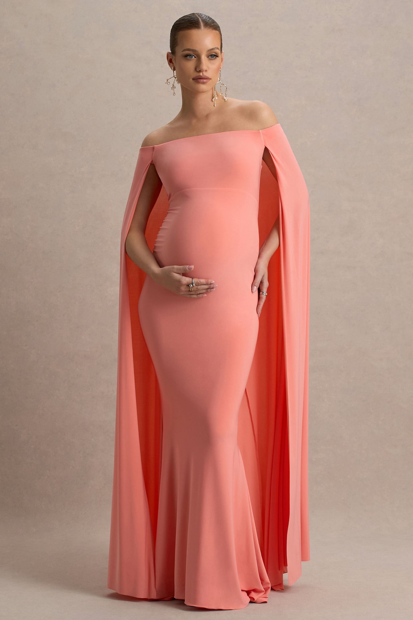 Radiance | Coral Bardot Maternity Maxi Dress With Cape
