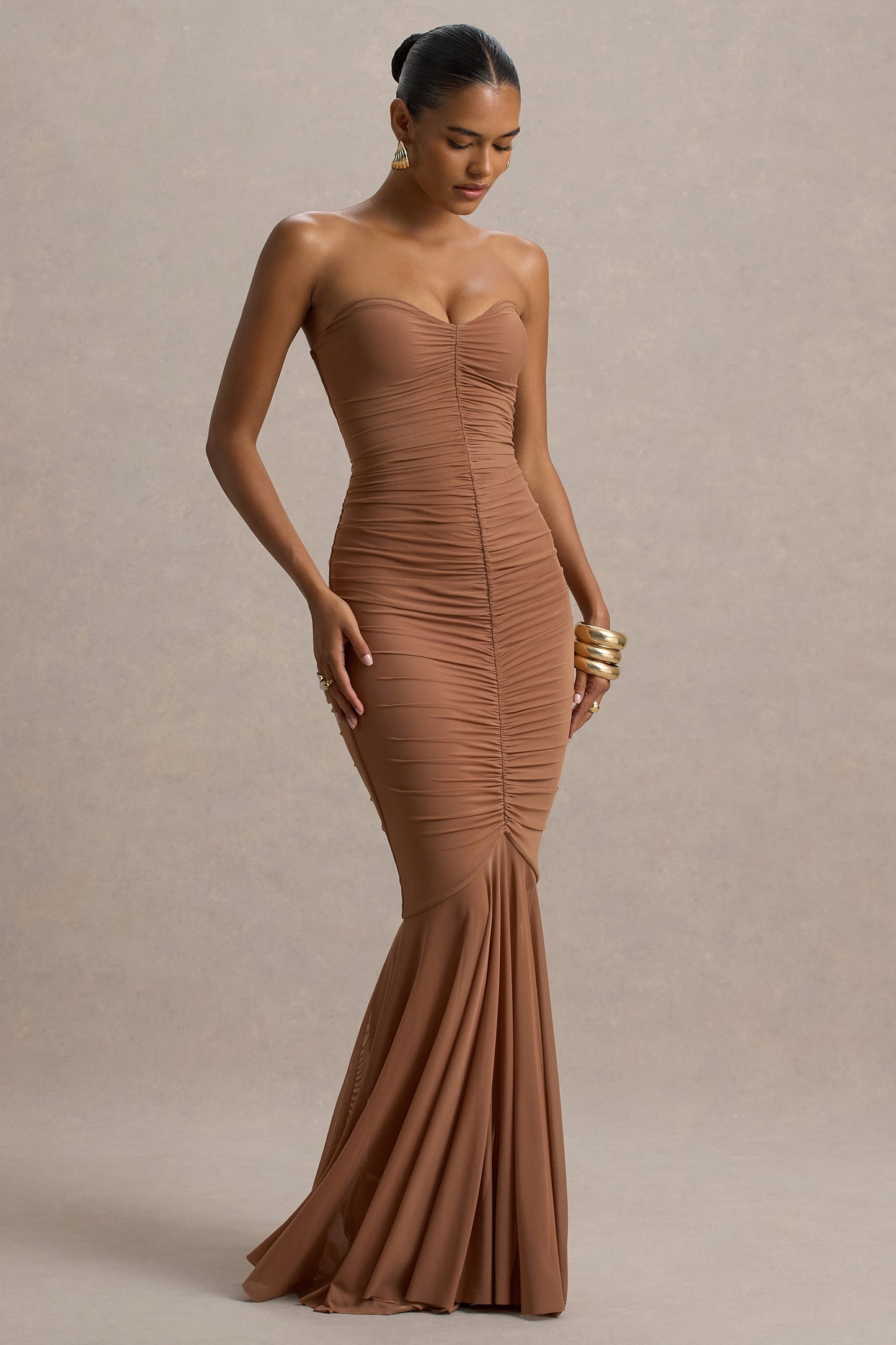 Talisa | Mocha Bandeau Ruched Maxi Dress With Mesh Fishtail