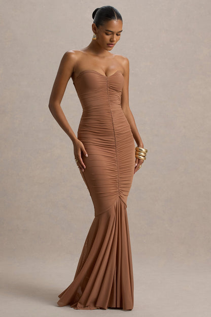Talisa | Mocha Bandeau Ruched Maxi Dress With Mesh Fishtail