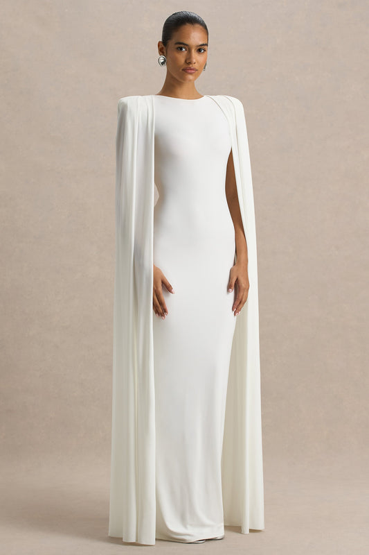 Mimi | White Slashed-Neck Maxi Dress With Cape Sleeve Detail