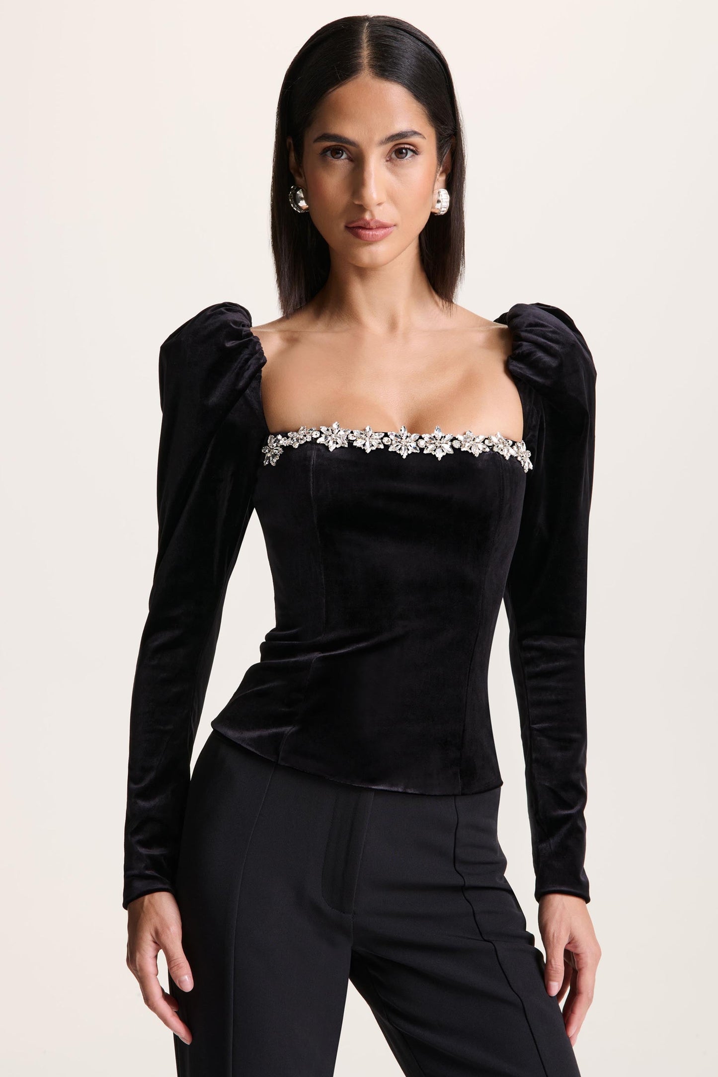 Tazmin | Black Velvet Embellished Square-Neck Top