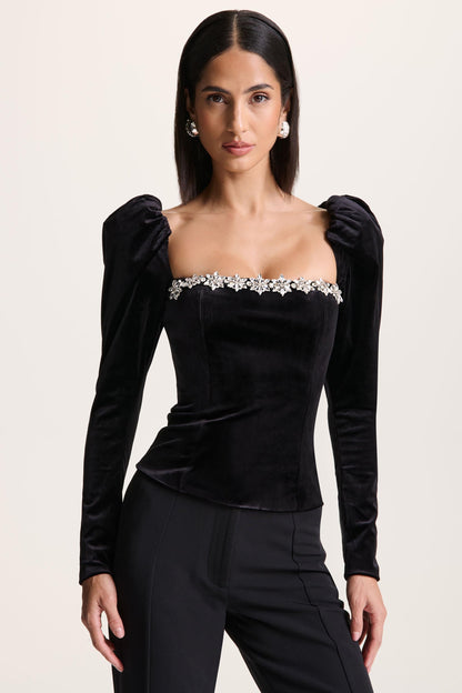 Tazmin | Black Velvet Embellished Square-Neck Top