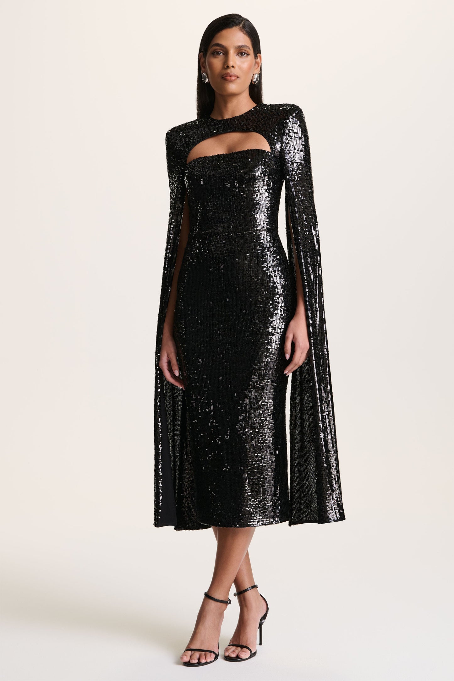 Adeline | Black Sequin Crew-Neck Midi Dress With Cape Sleeves