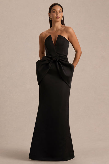 Sonata | Black Satin Bandeau Maxi Dress With Bow Detail