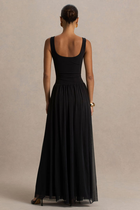 Amelia | Black Scoop-Neck Maxi Dress With Pleated Skirt