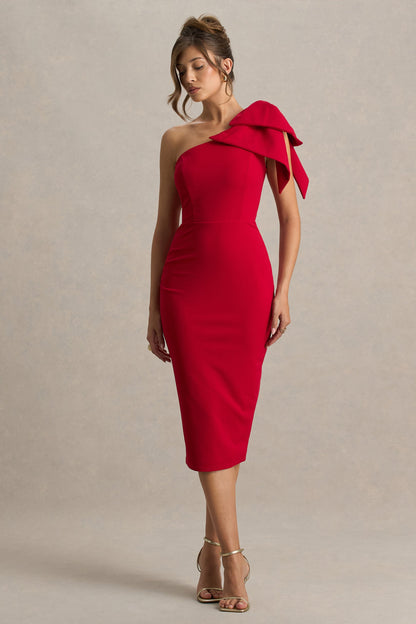 Ambretta | Red One-Shoulder Midi Dress With Bow