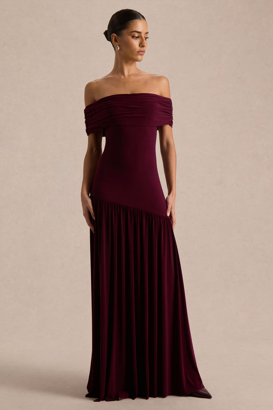 Venezia | Burgundy Bardot Maxi Dress With Drop-Waist