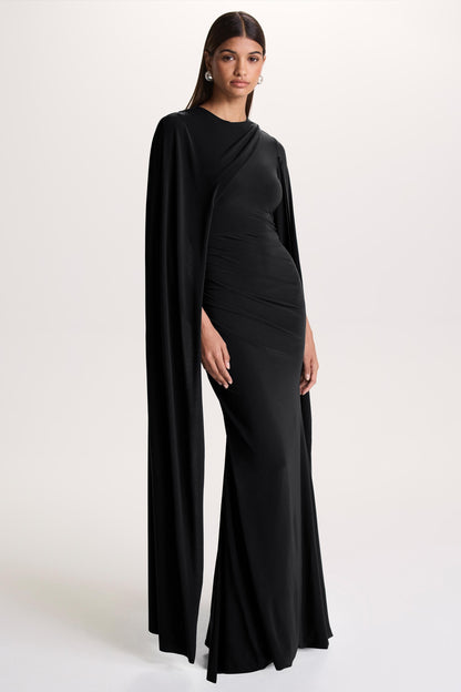 Magdelena | Black Asymmetric Cape Maxi Dress