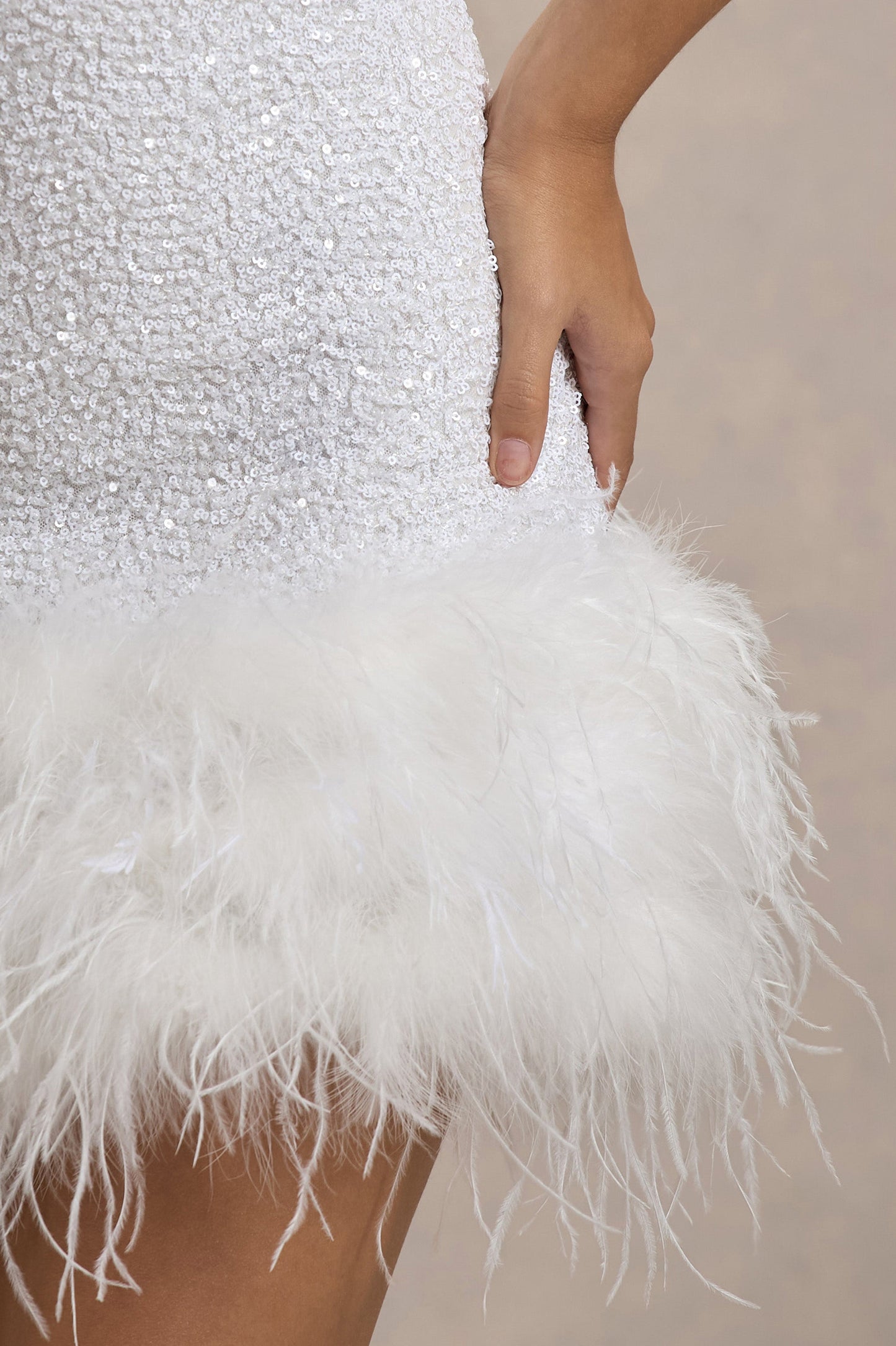 Lumi | White Sequin High-Neck Feather Trim Mini Dress