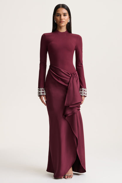 Starred | Burgundy Crew-Neck Maxi Dress With Drop-Waist And Satin Wrap-Skirt