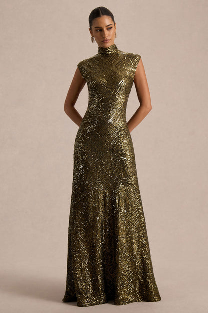Cecy | Khaki Sequin High-Neck Maxi Dress With Cap Sleeves