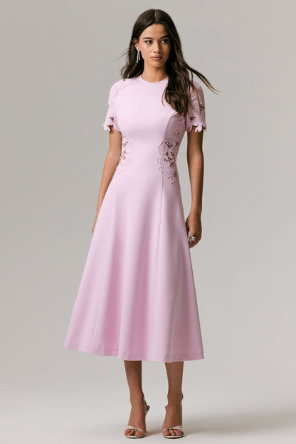 So Sweet | Pink Crew-Neck Midi Dress With Cut-Out Embroidered Detailing