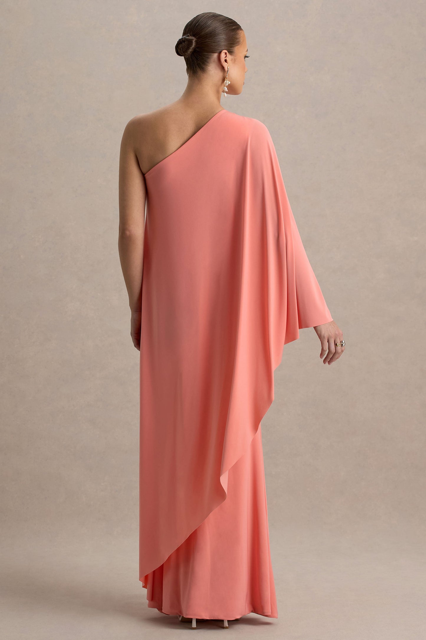 Waves | Coral Asymmetric Maternity Maxi Dress With One-Sleeve Cape