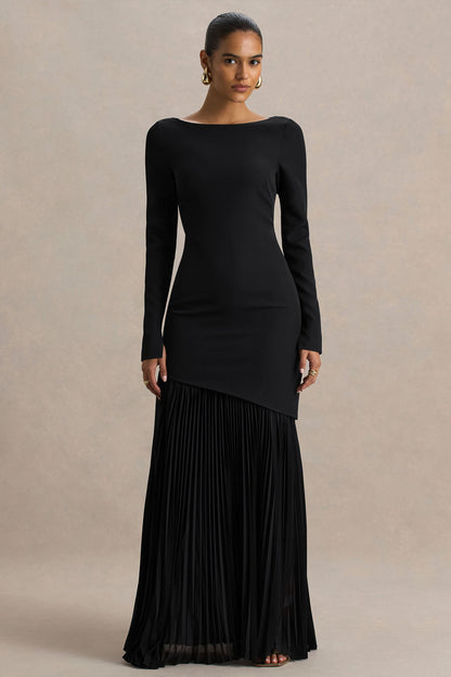 Yanira | Black Crepe And Georgette Boat-Neck Maxi Dress With Drop Waist