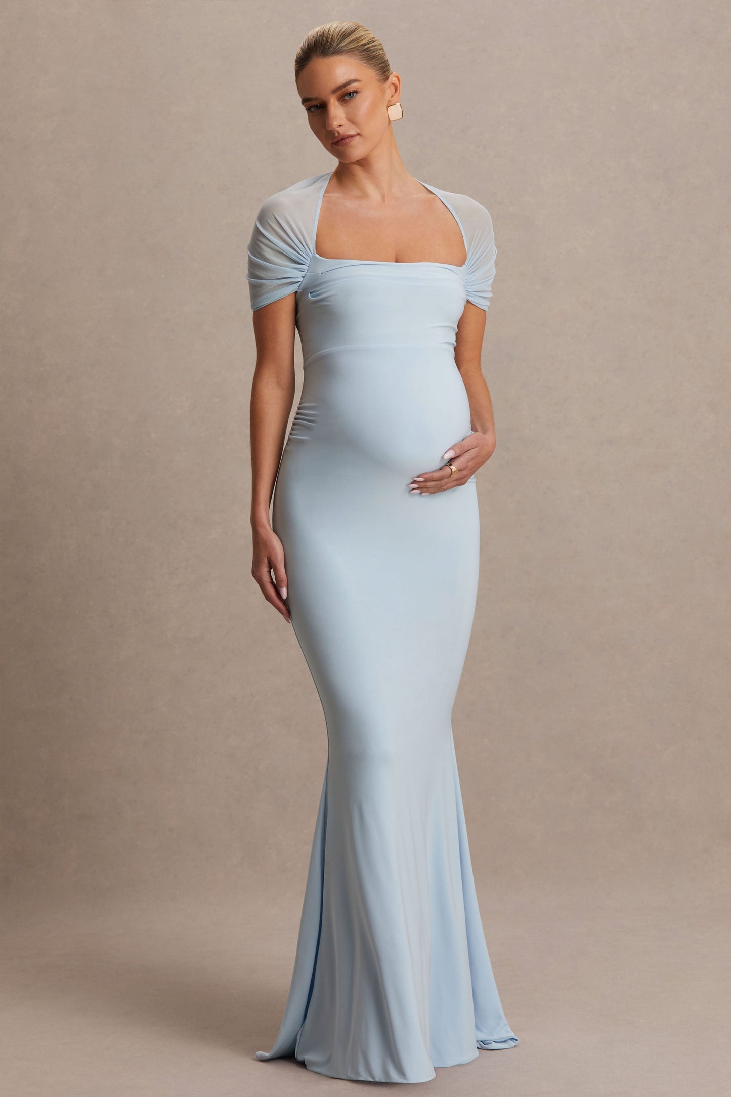 Dome | Powder Blue Square-Neck Mesh-Sleeve Maternity Maxi Dress