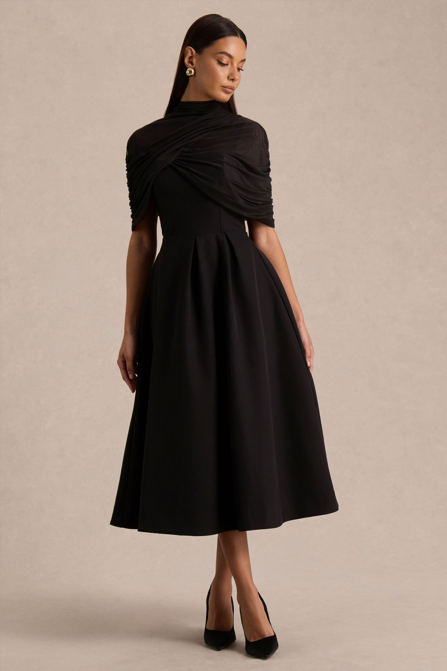 Thalia | Black High-Neck Midi Dress With Sheer Mesh Cape