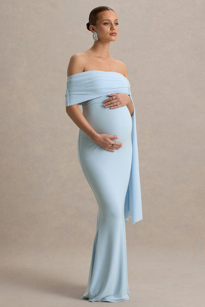 Aquila | Powder Blue Bardot Maternity Maxi Dress With Draped Detail