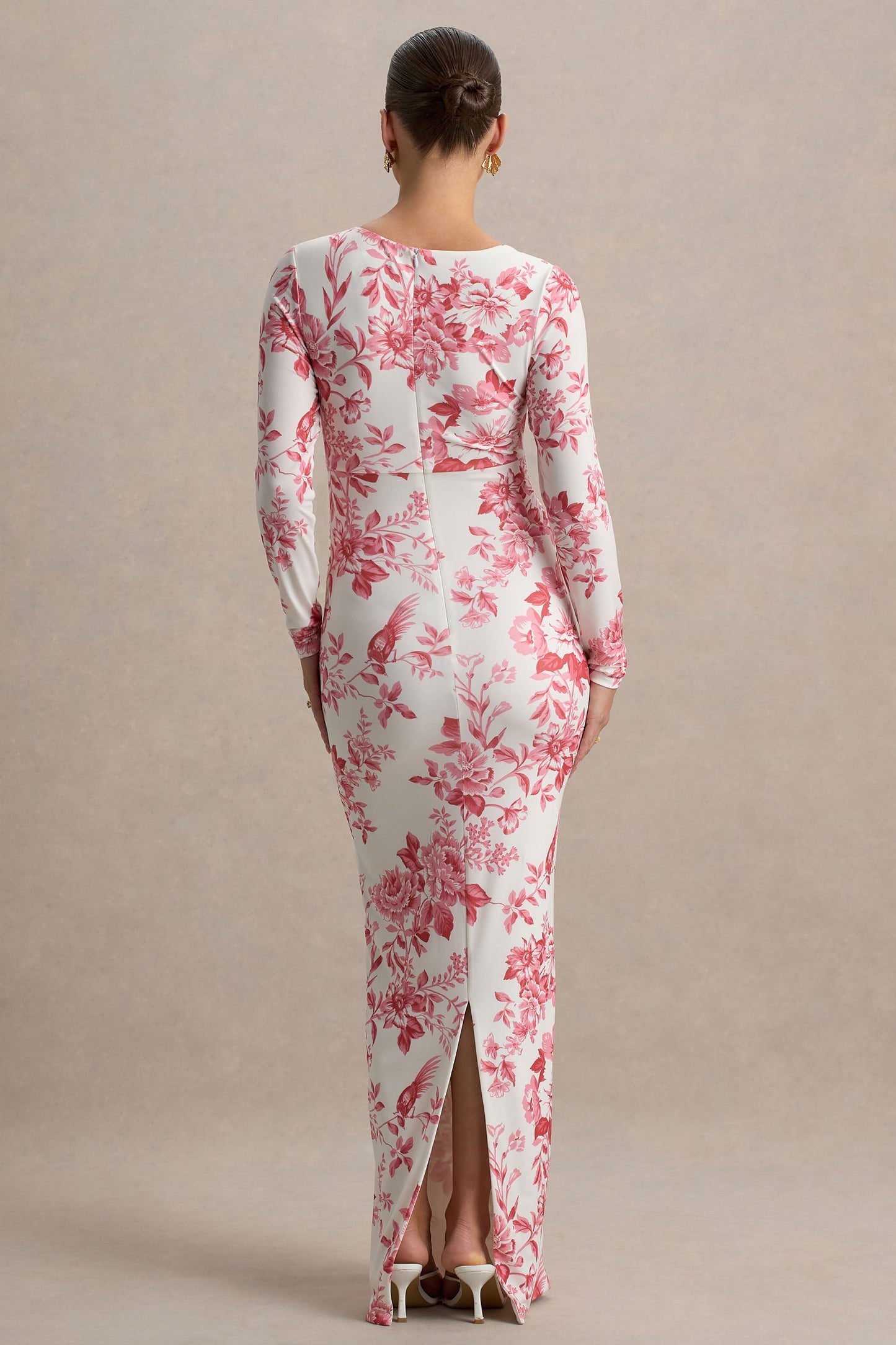 Vanette | Pink Floral Print Asymmetric Long-Sleeve Maternity Maxi Dress